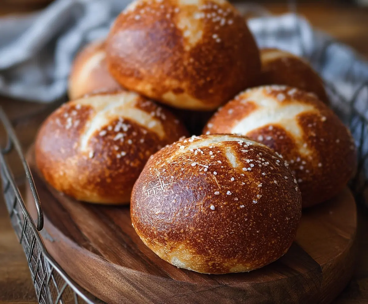 Delicious soft pretzel buns on a rustic wooden surface, perfect for sandwiches or snacks.