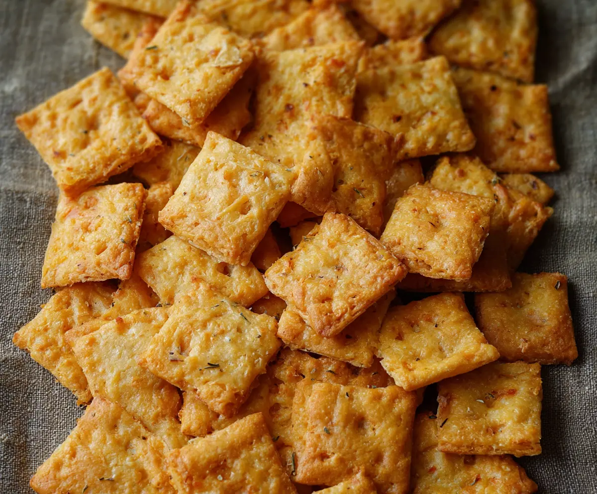 Delicious homemade sourdough cheese crackers on a rustic wooden table.