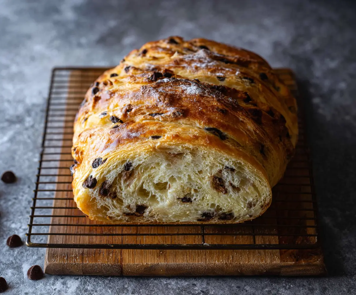Delicious Sourdough Chocolate Chip Croissant Bread on a wooden cutting board, showcasing golden-brown, flaky layers with melted chocolate chips.