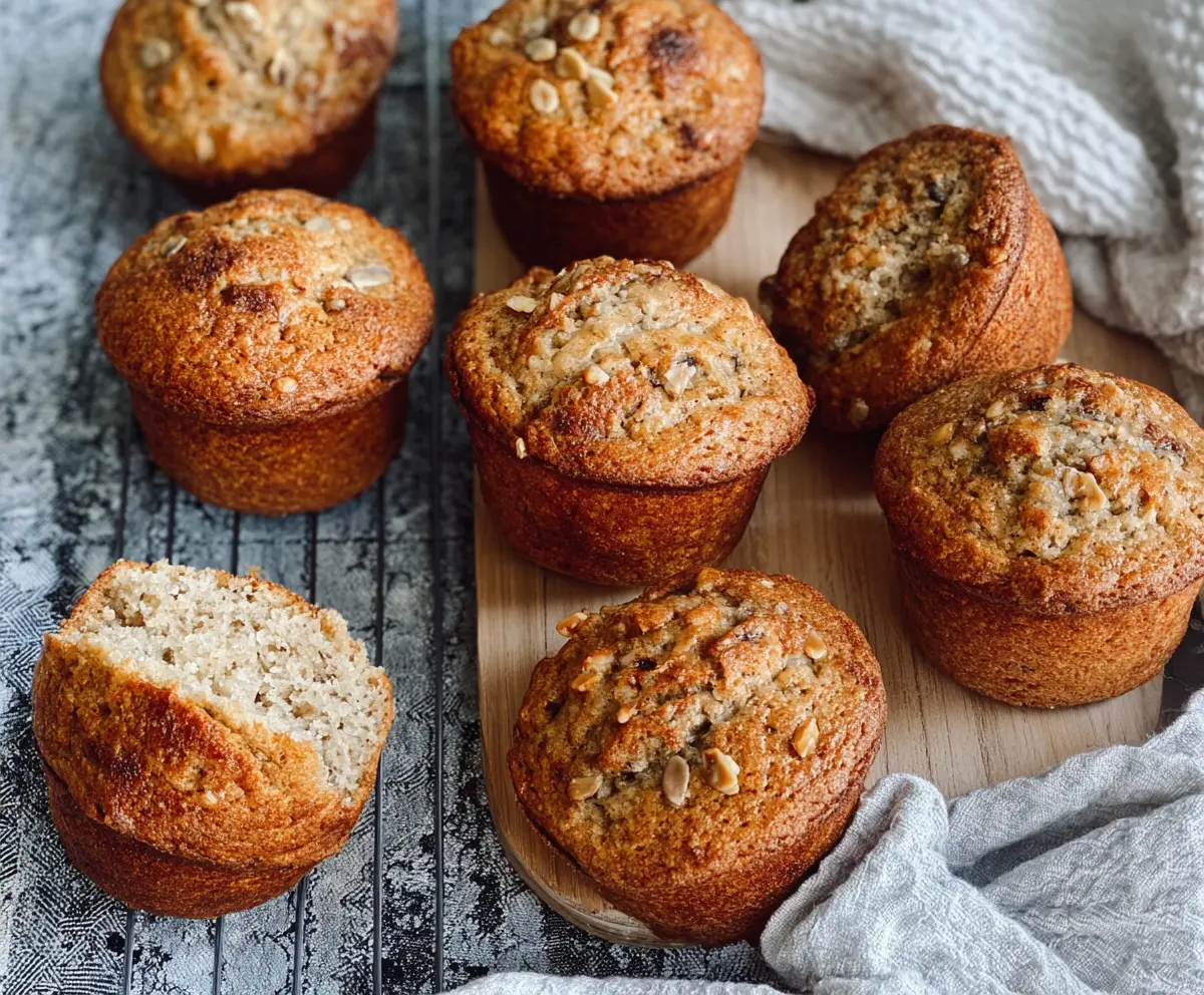 Delicious sourdough discard banana bread muffins on a plate with ripe bananas and nuts