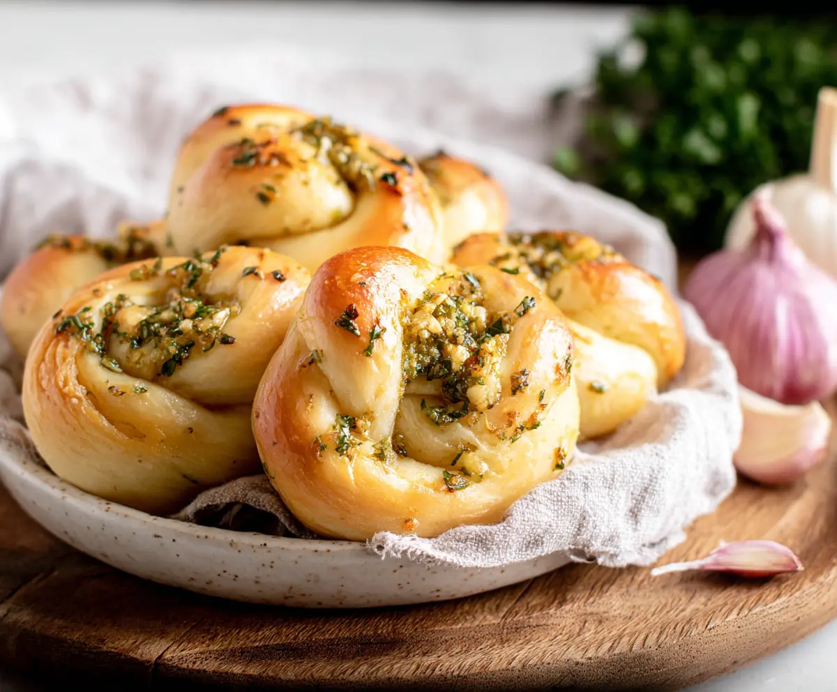 Delicious homemade sourdough discard garlic knots, golden brown and topped with fresh herbs.