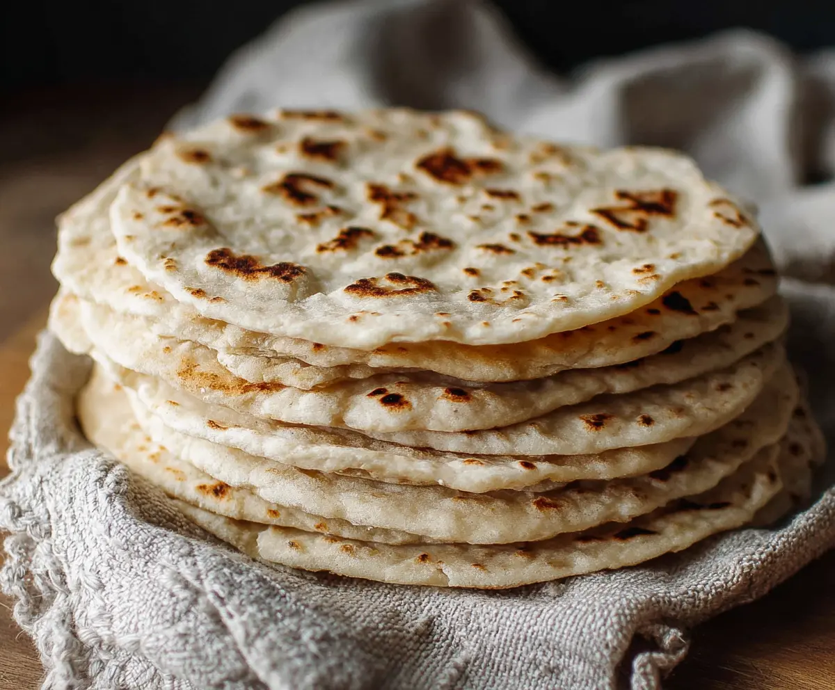 Homemade sourdough discard tortillas stacked on a wooden surface, showcasing their soft texture and golden-brown edges.