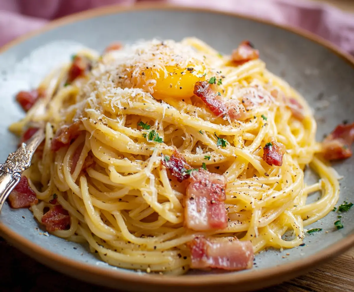 Delicious Spaghetti alla Carbonara with creamy sauce and crispy pancetta served on a white plate.