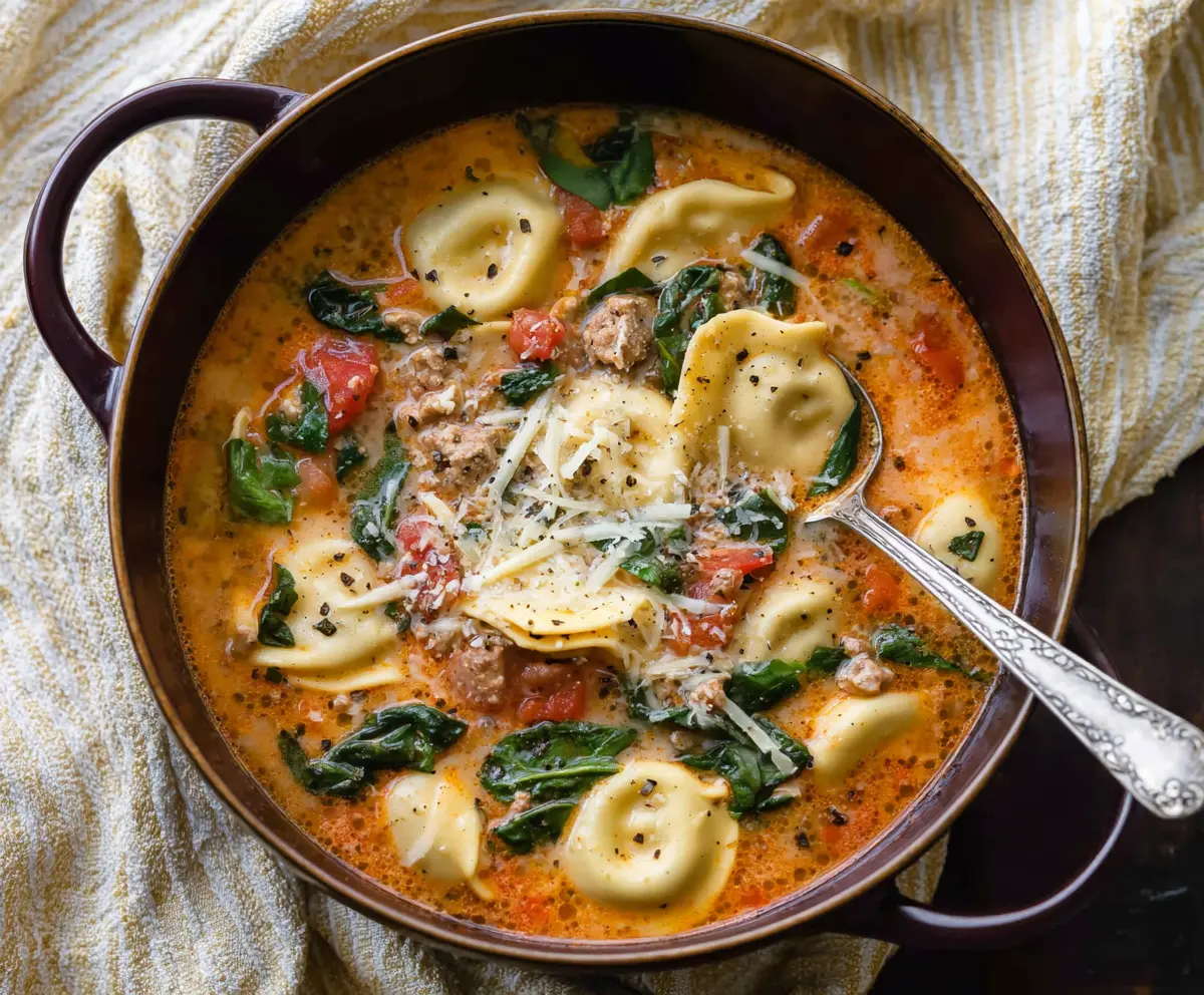 Delicious Tuscan Ravioli Soup in a bowl with fresh herbs and vegetables