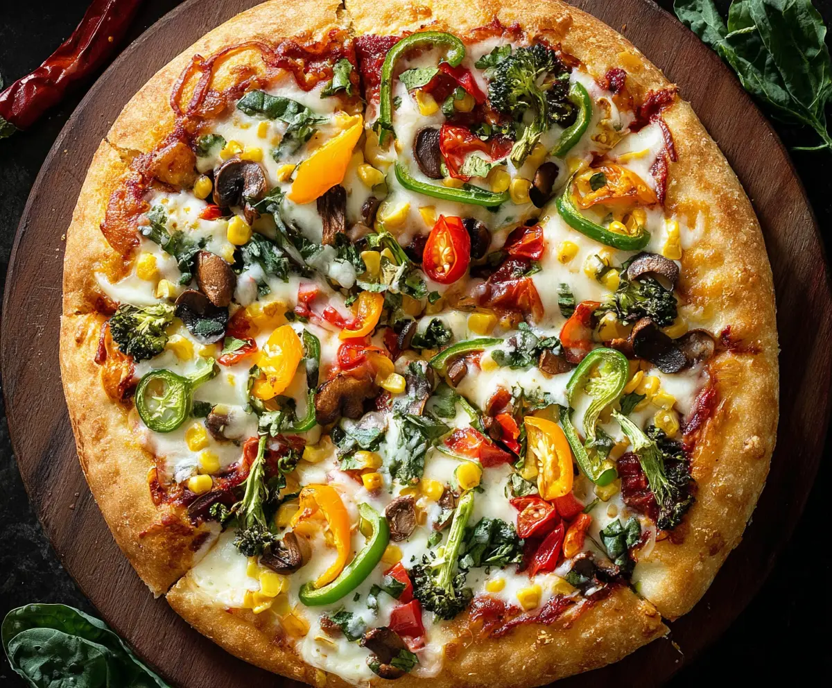 Colorful veggie pizza topped with fresh sliced bell peppers, tomatoes, and spinach on a crispy crust.