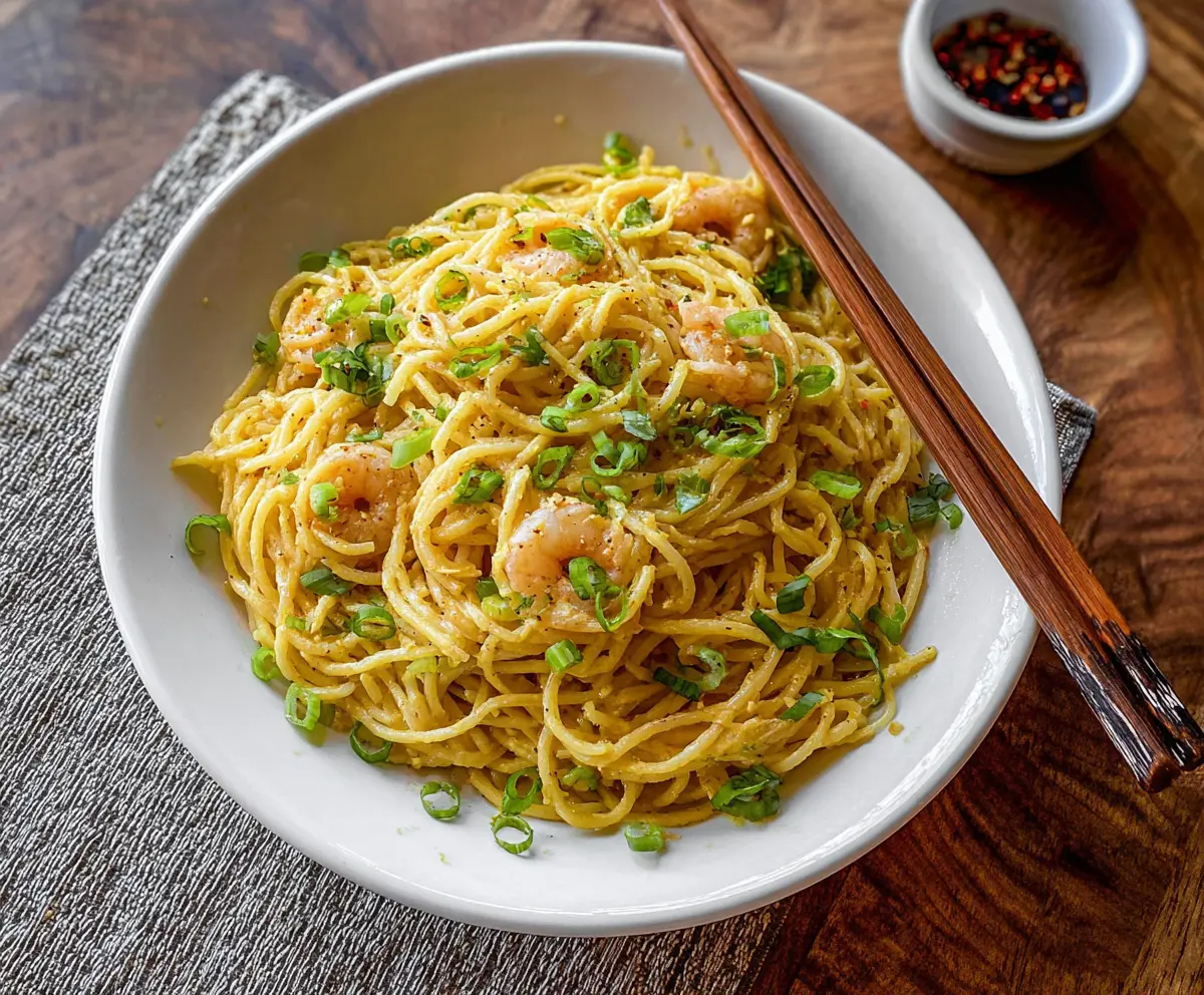 Delicious Vietnamese garlic noodles garnished with fresh herbs and crispy toppings.