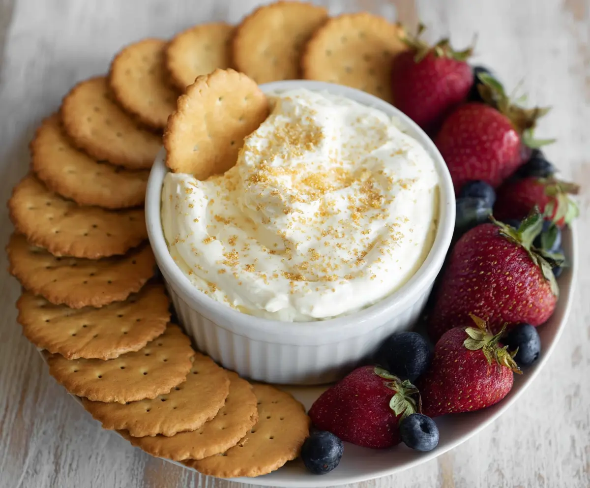Creamy 3-ingredient cheesecake dip served with graham crackers, perfect for dessert or party snacks.