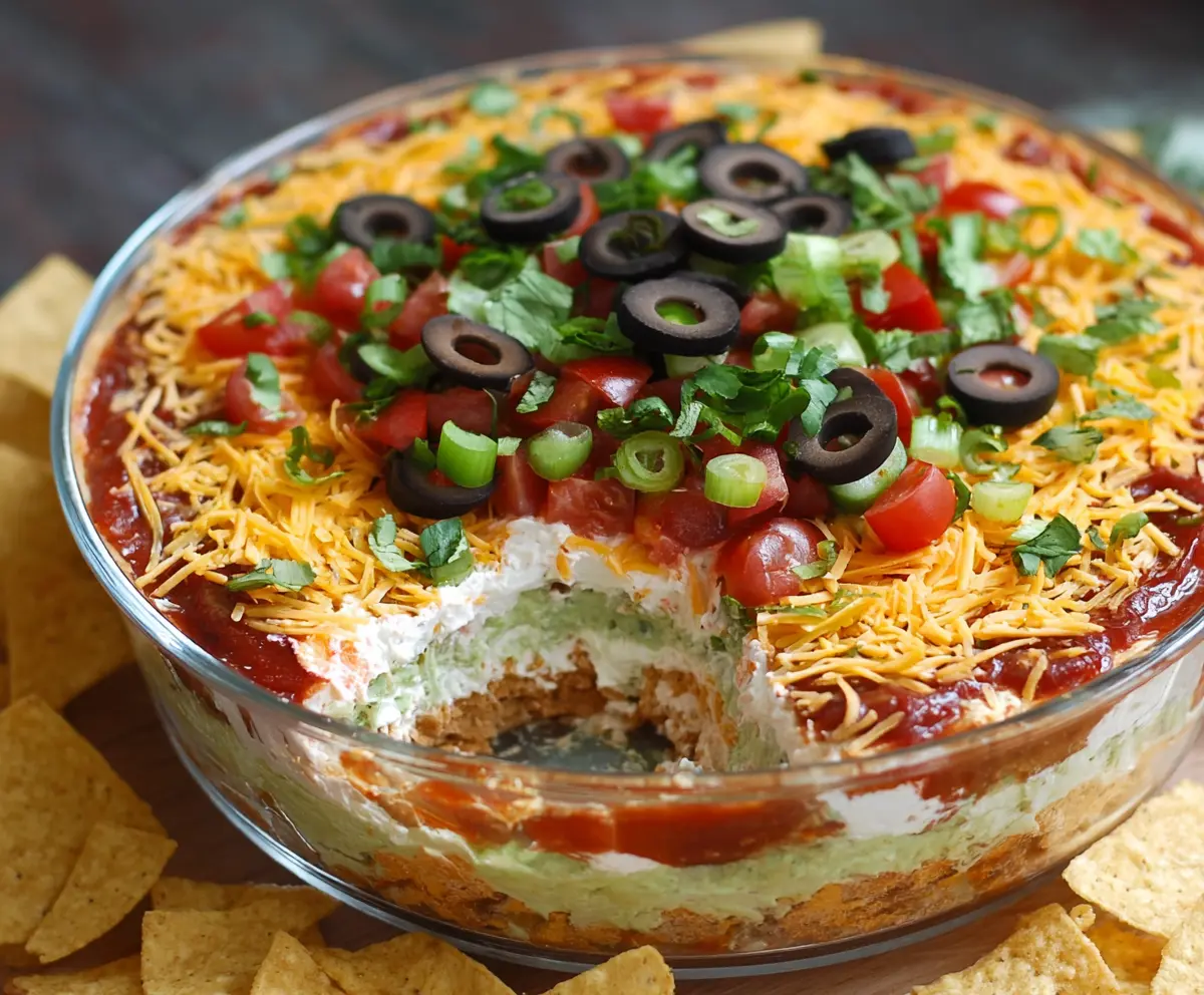 Delicious 5-layer dip with colorful ingredients including beans, cheese, and sour cream in a glass dish.