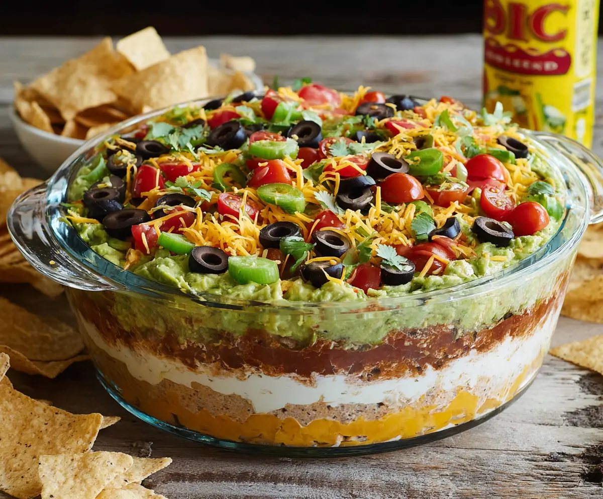 Colorful 7 Layer Dip with guacamole, sour cream, cheese, olives, tomatoes, and green onions served in a clear glass bowl.