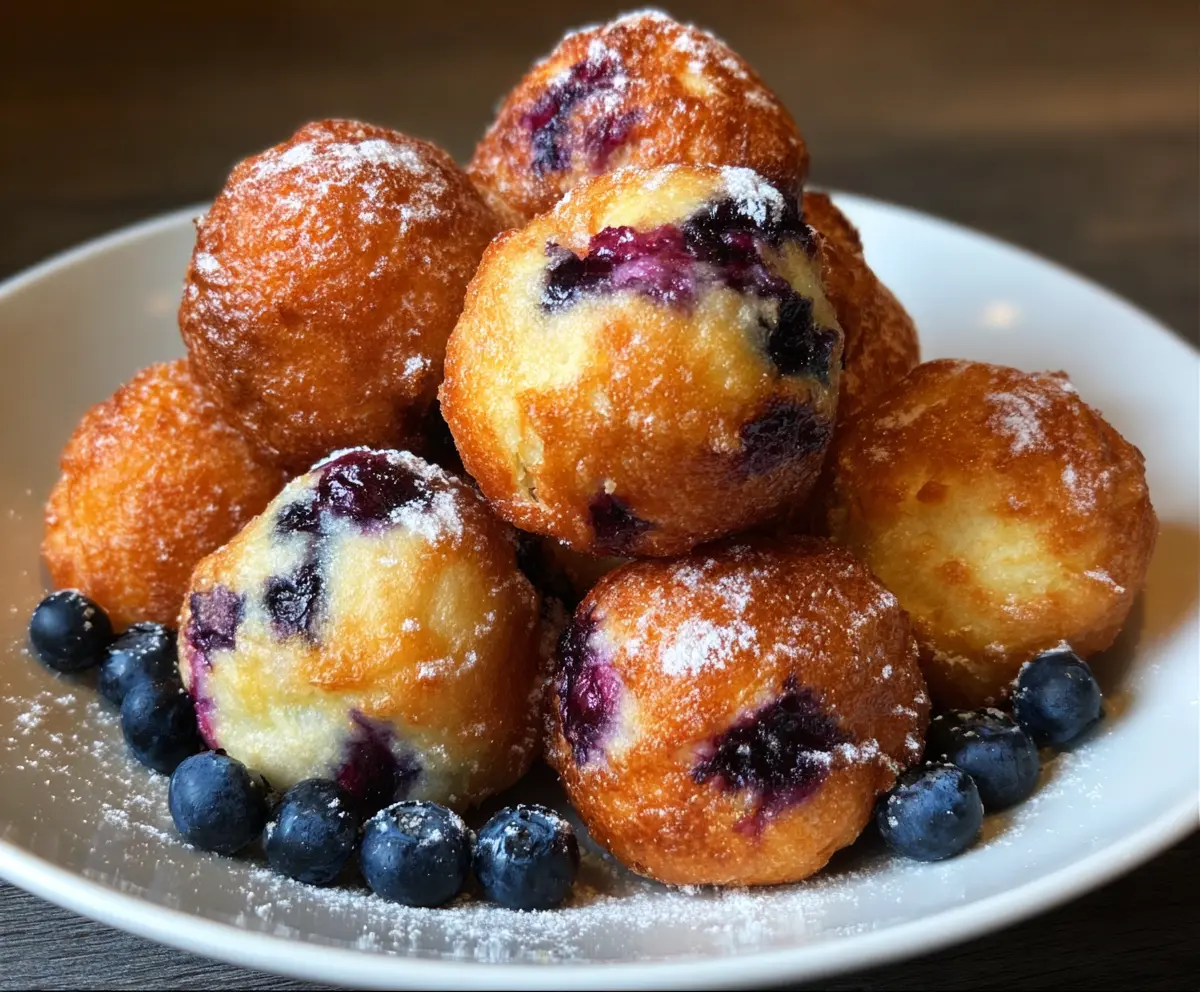 Delicious air fryer blueberry and cottage cheese donut holes on a plate, showcasing their golden exterior and fresh blueberries.