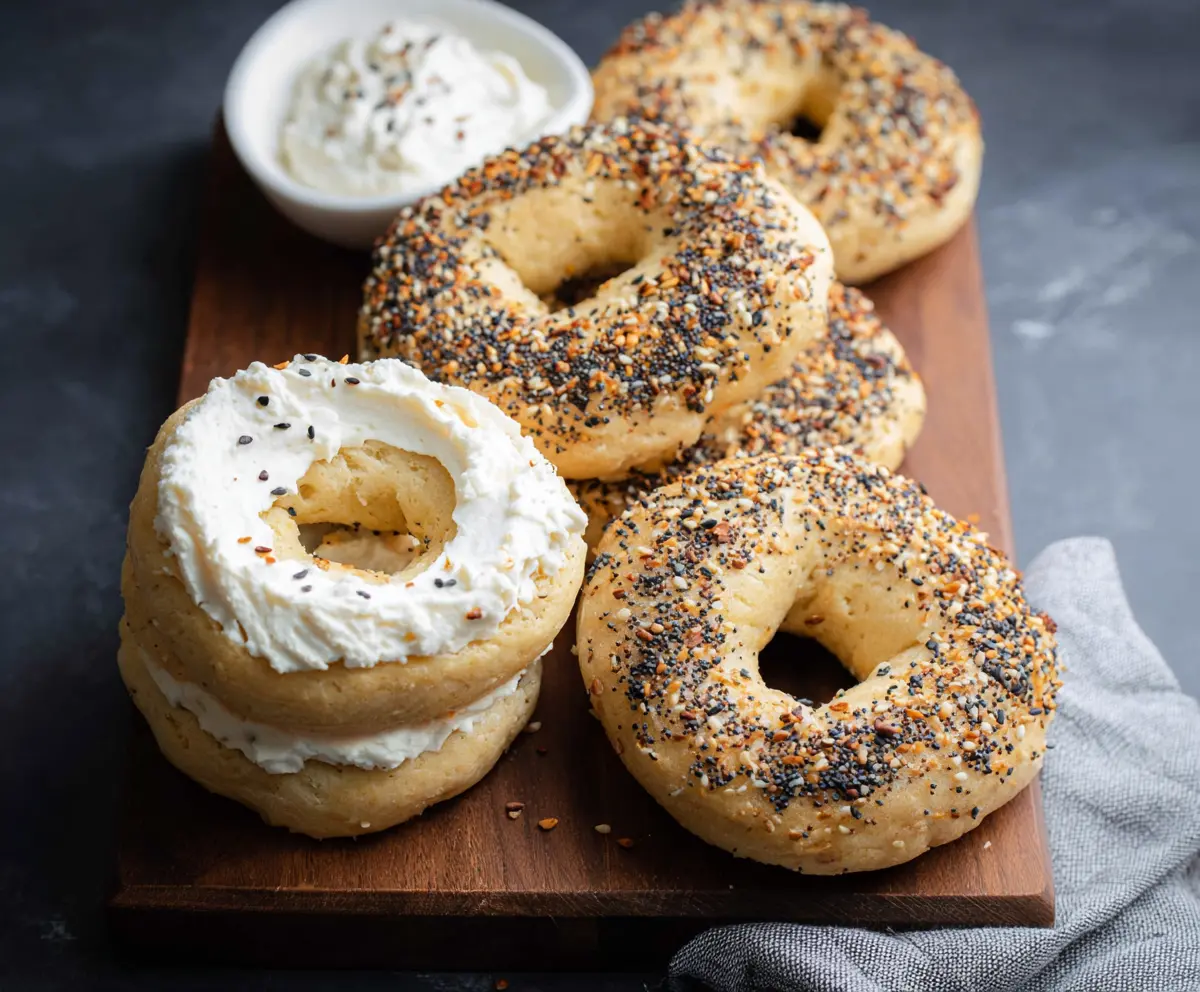 Fresh almond flour Greek yogurt bagels on a baking tray, ready to bake, showcasing a healthy breakfast option.