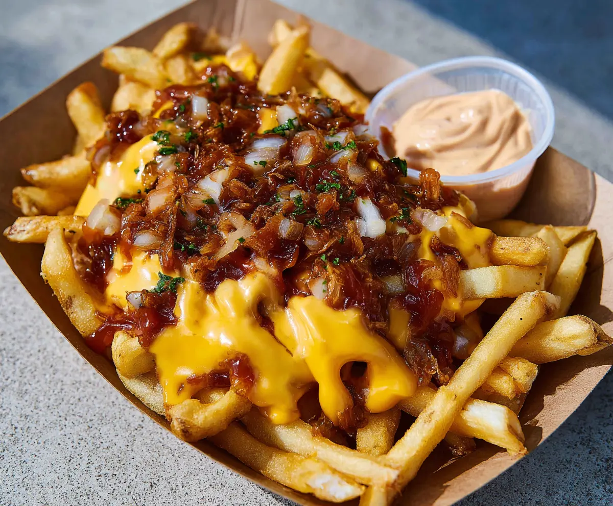 Delicious Animal Style Fries topped with melted cheese, crispy lettuce, and savory sauce.
