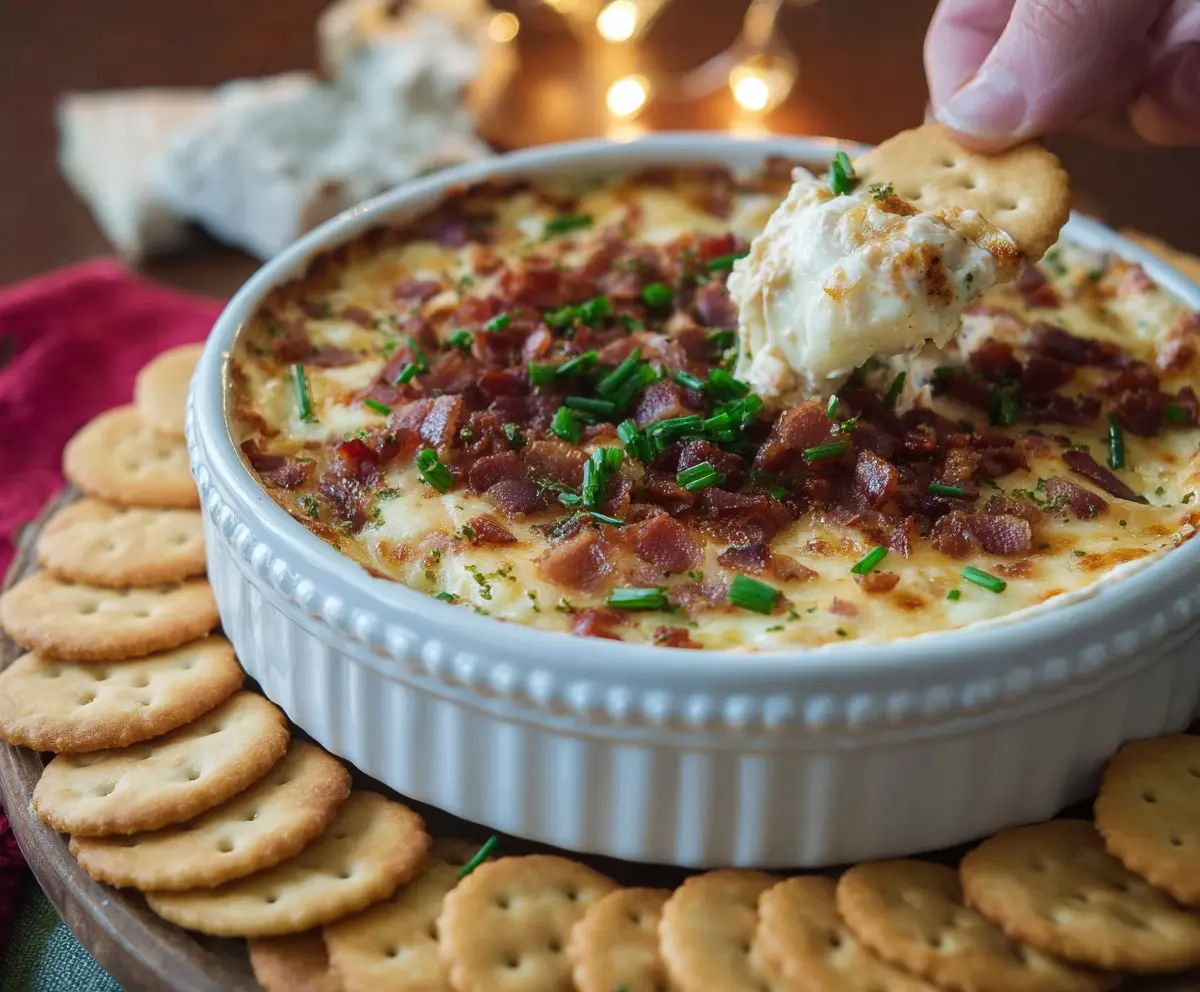 Creamy bacon and Gouda cheese dip featuring smoky smoked cheese in a bowl.