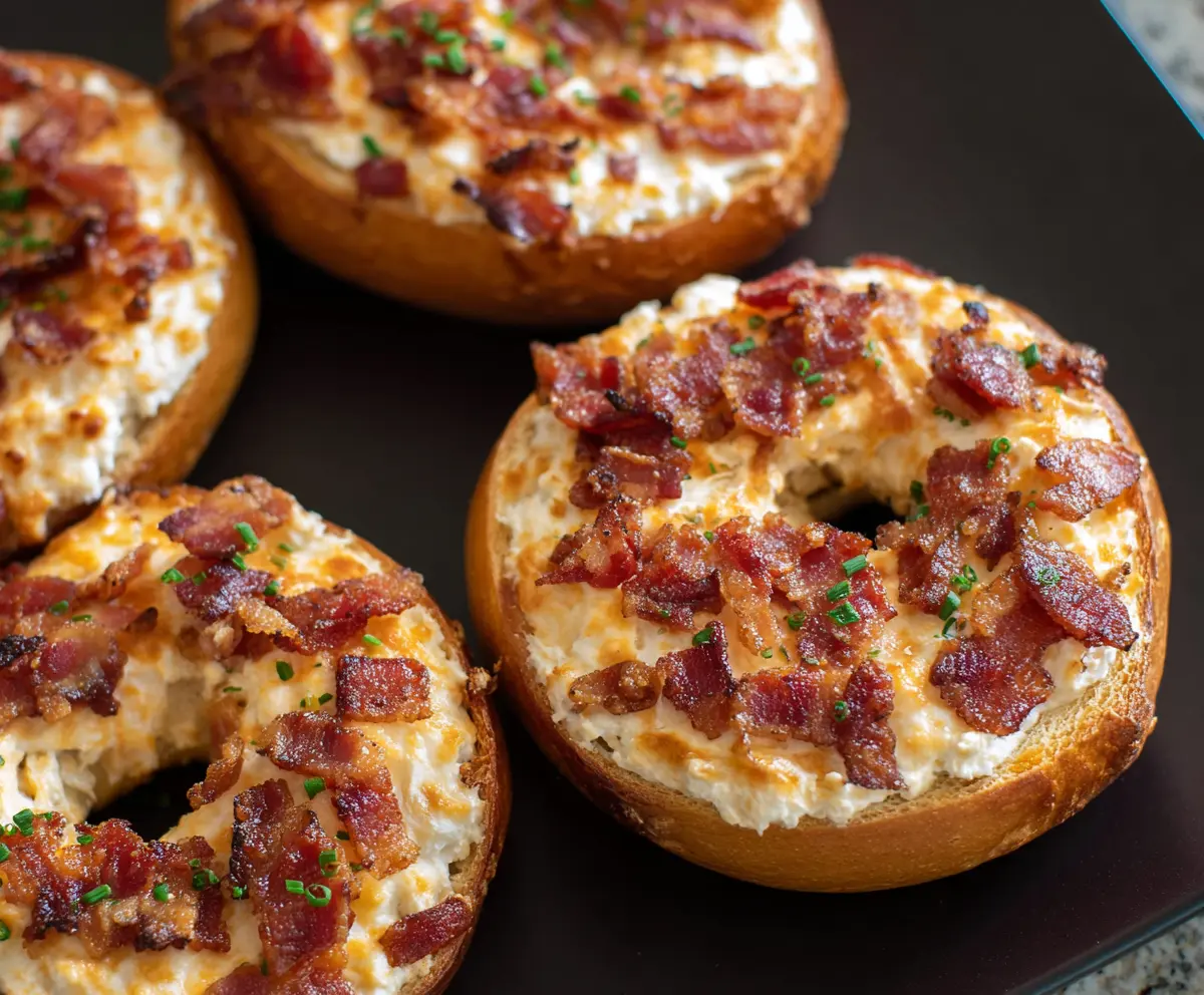 Savory bacon cream cheese bagels topped with crispy bacon pieces and fresh herbs.