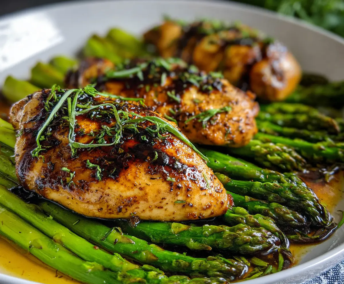 Delicious balsamic chicken with fresh asparagus on a plate, ready to serve healthy dinner.