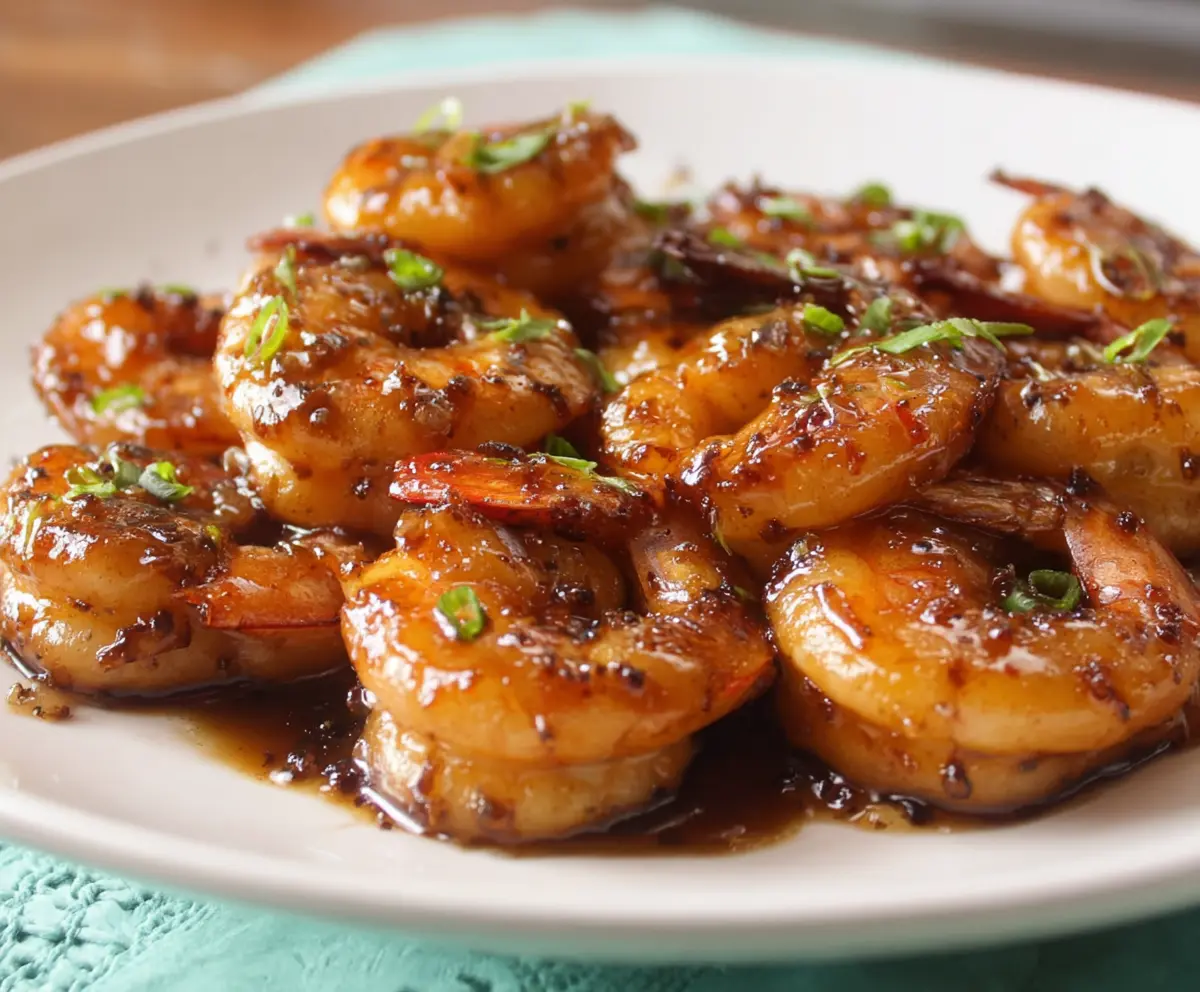 Delicious bourbon glazed shrimp on a plate with a glossy sauce and garnishes.