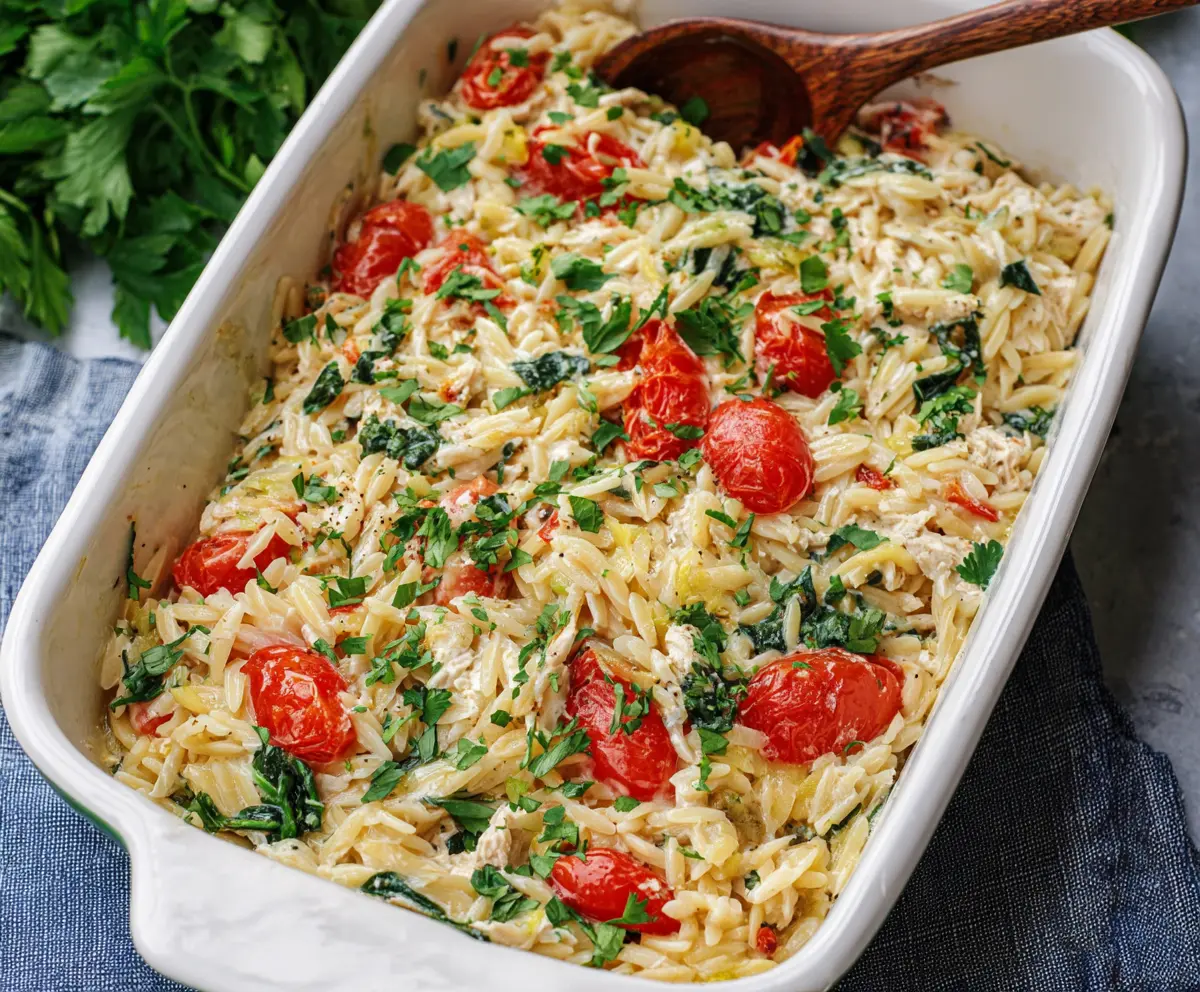 Creamy Boursin Orzo Bake served with fresh herbs and melted cheese, perfect for a comforting dinner.