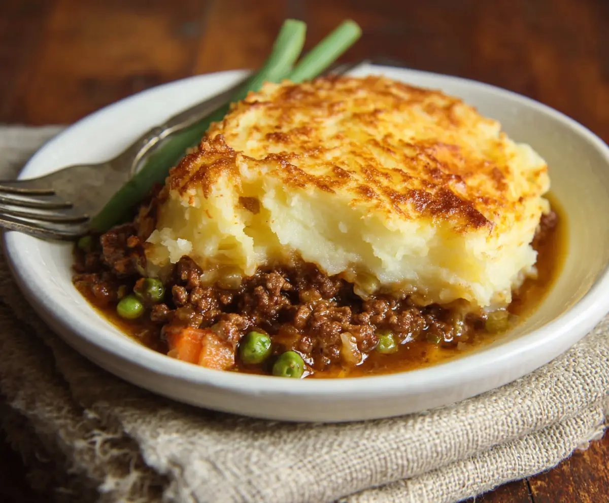 Classic British Shepherd's Pie topped with golden mashed potatoes and savory meat filling.