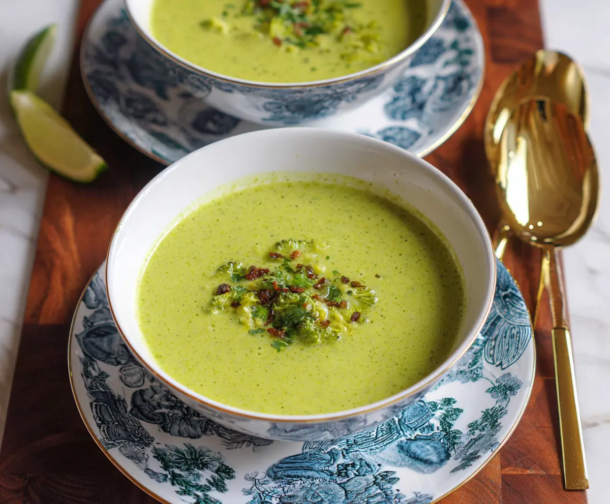 Creamy broccoli leek soup in a bowl, served hot with fresh herbs for a healthy meal.
