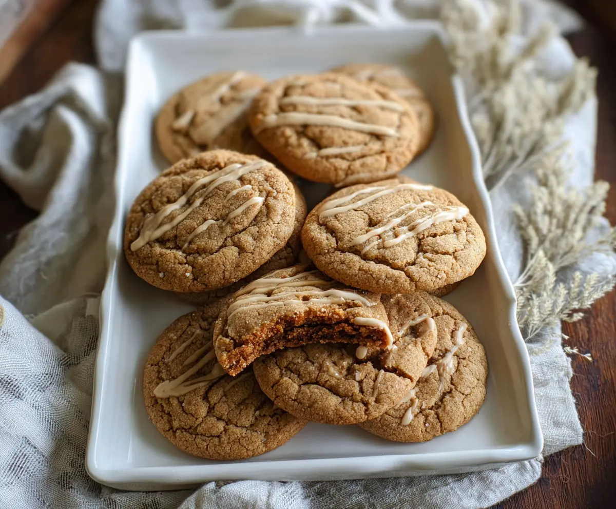 Delicious brown sugar sourdough maple cookies on a plate, showcasing a golden baked crust and maple glaze.