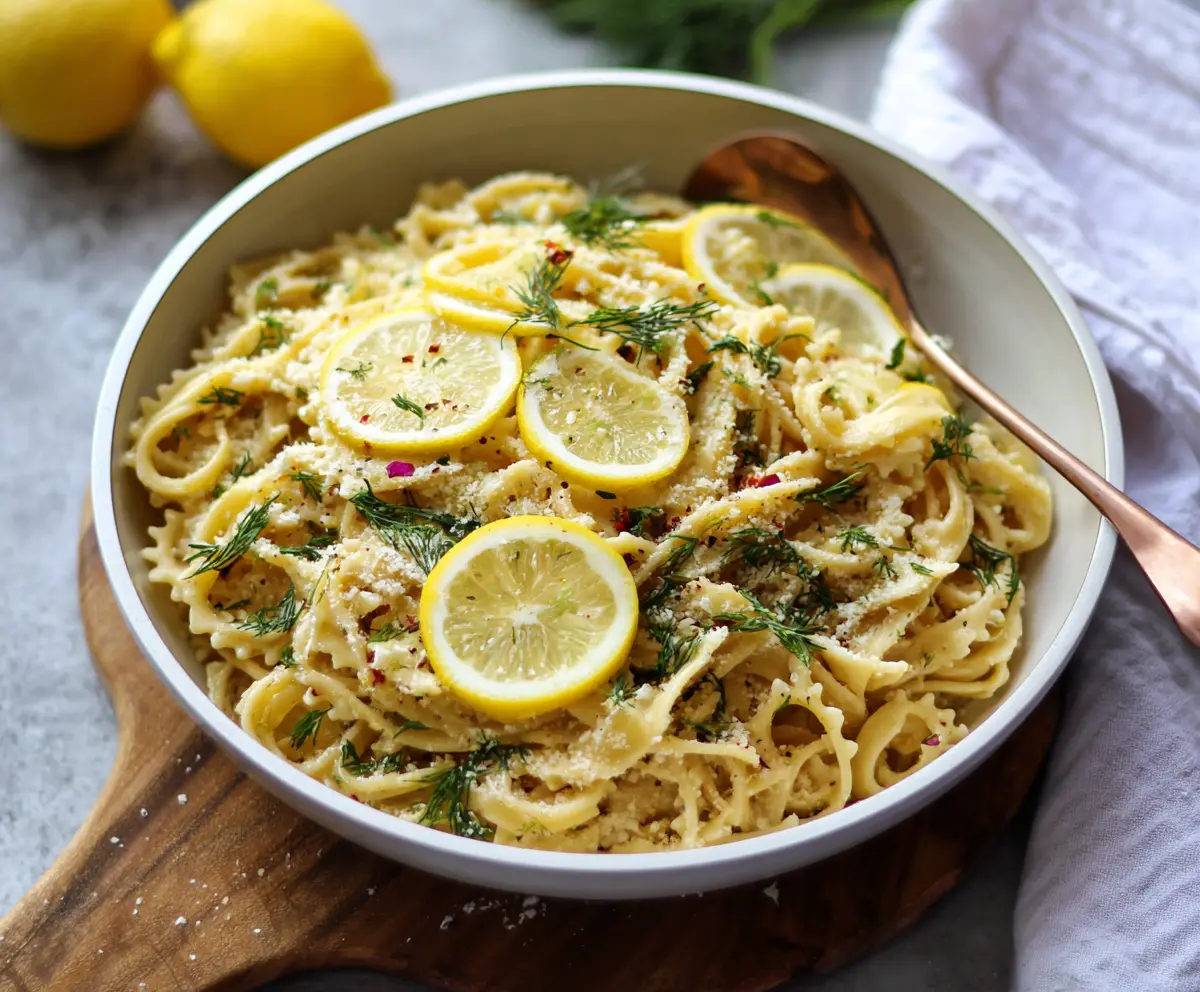 Creamy browned butter lemon dill pasta served in a white bowl, garnished with fresh herbs.
