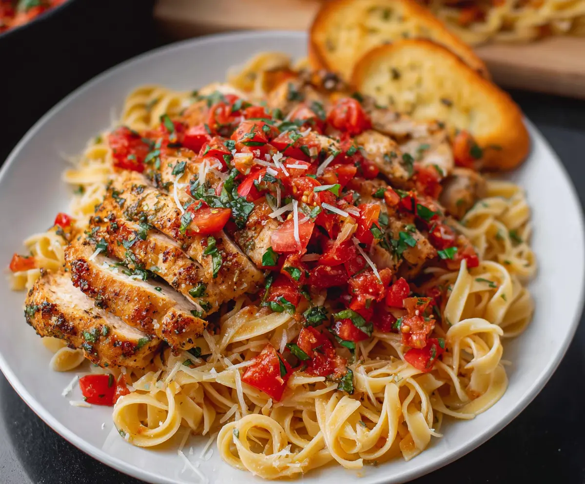 Delicious Bruschetta Chicken Pasta served on a plate with fresh basil and cherry tomatoes.