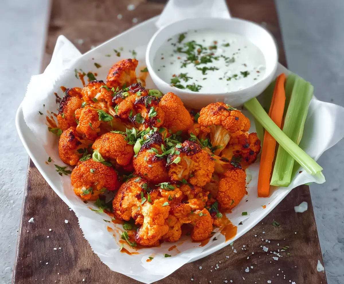 Spicy Buffalo Cauliflower Bites served with celery sticks and blue cheese dressing