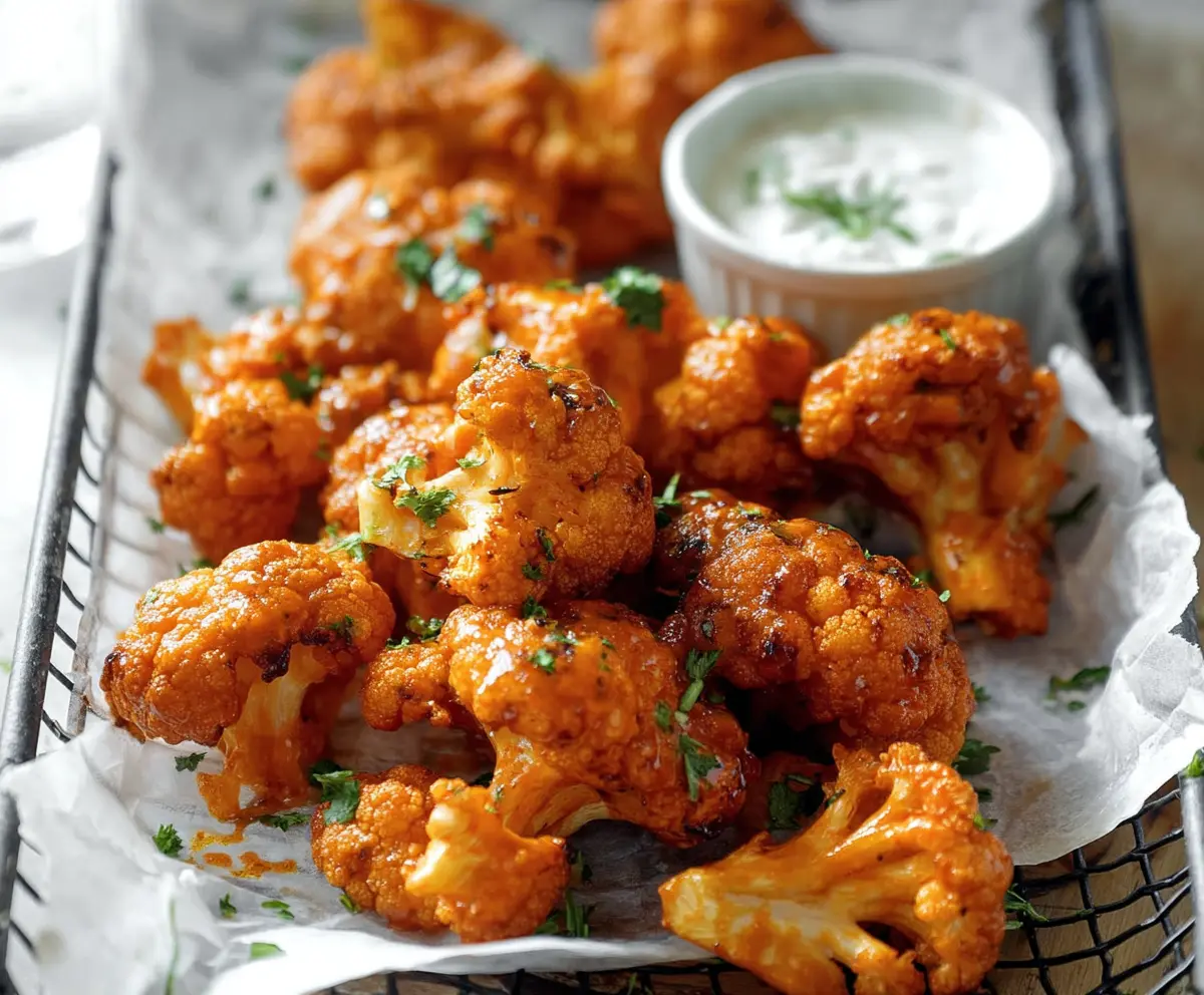 Crispy Buffalo Cauliflower Wings served with a side of celery and blue cheese dressing.