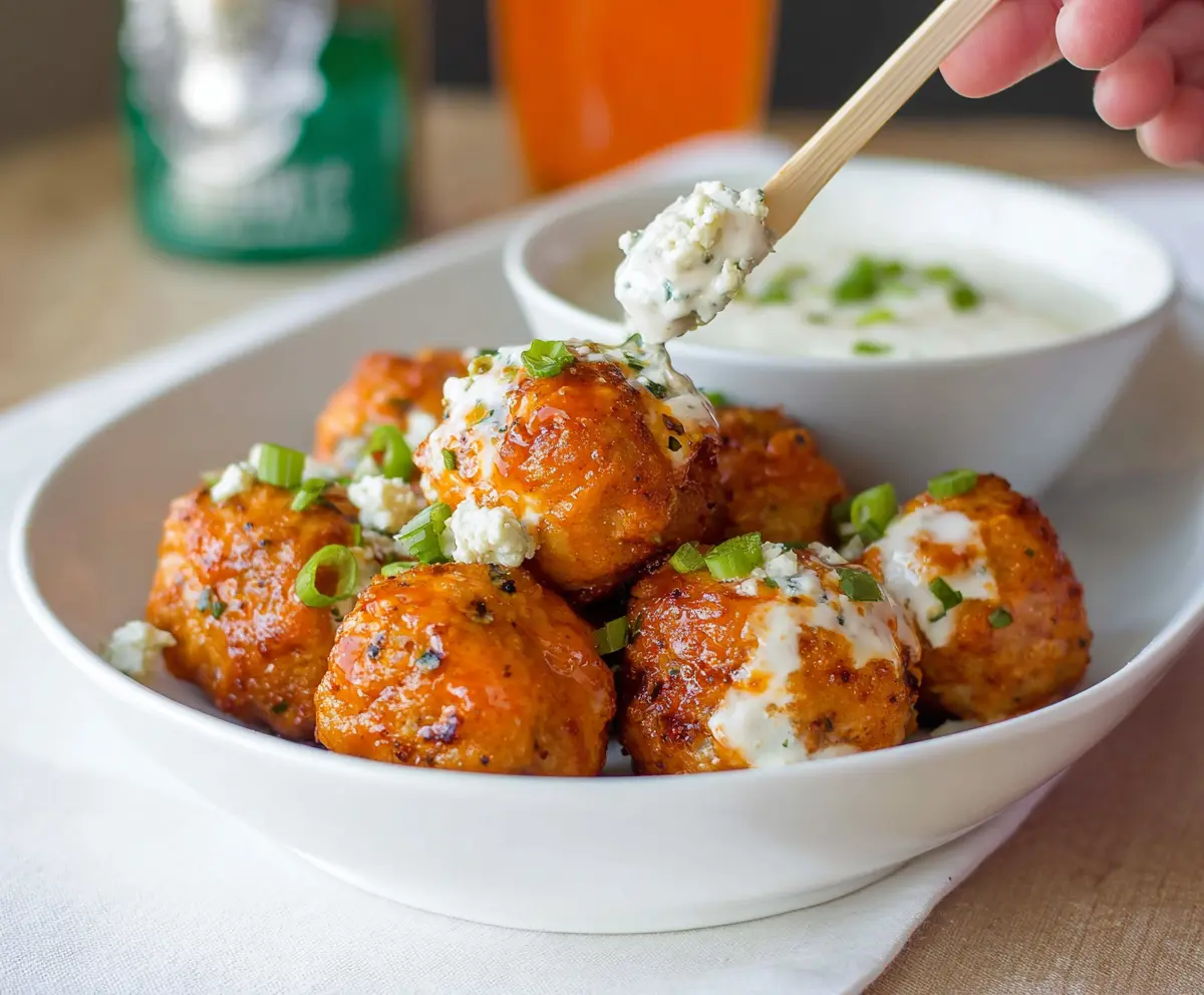 Delicious buffalo chicken meatballs served with creamy bleu cheese dip, perfect for appetizer parties.