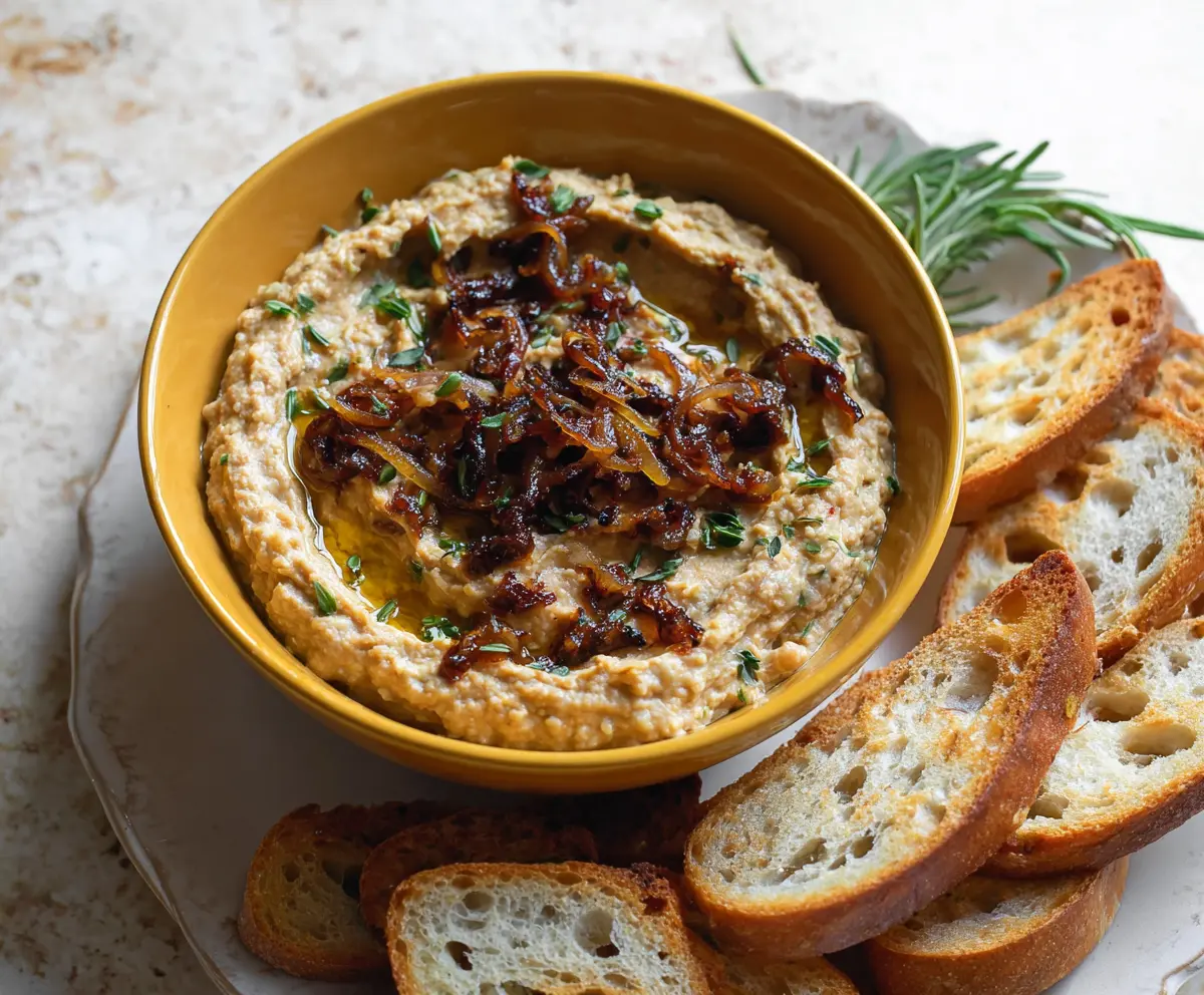 Creamy caramelized onion white bean dip in a bowl with fresh herbs