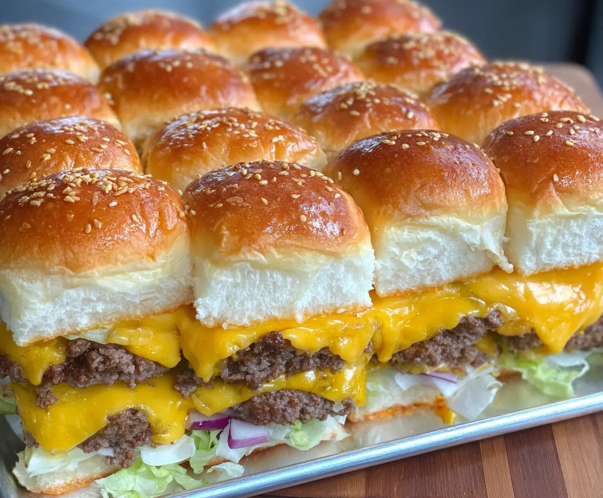 Delicious cheeseburger sliders made with Hawaiian rolls, perfect for parties and gatherings.