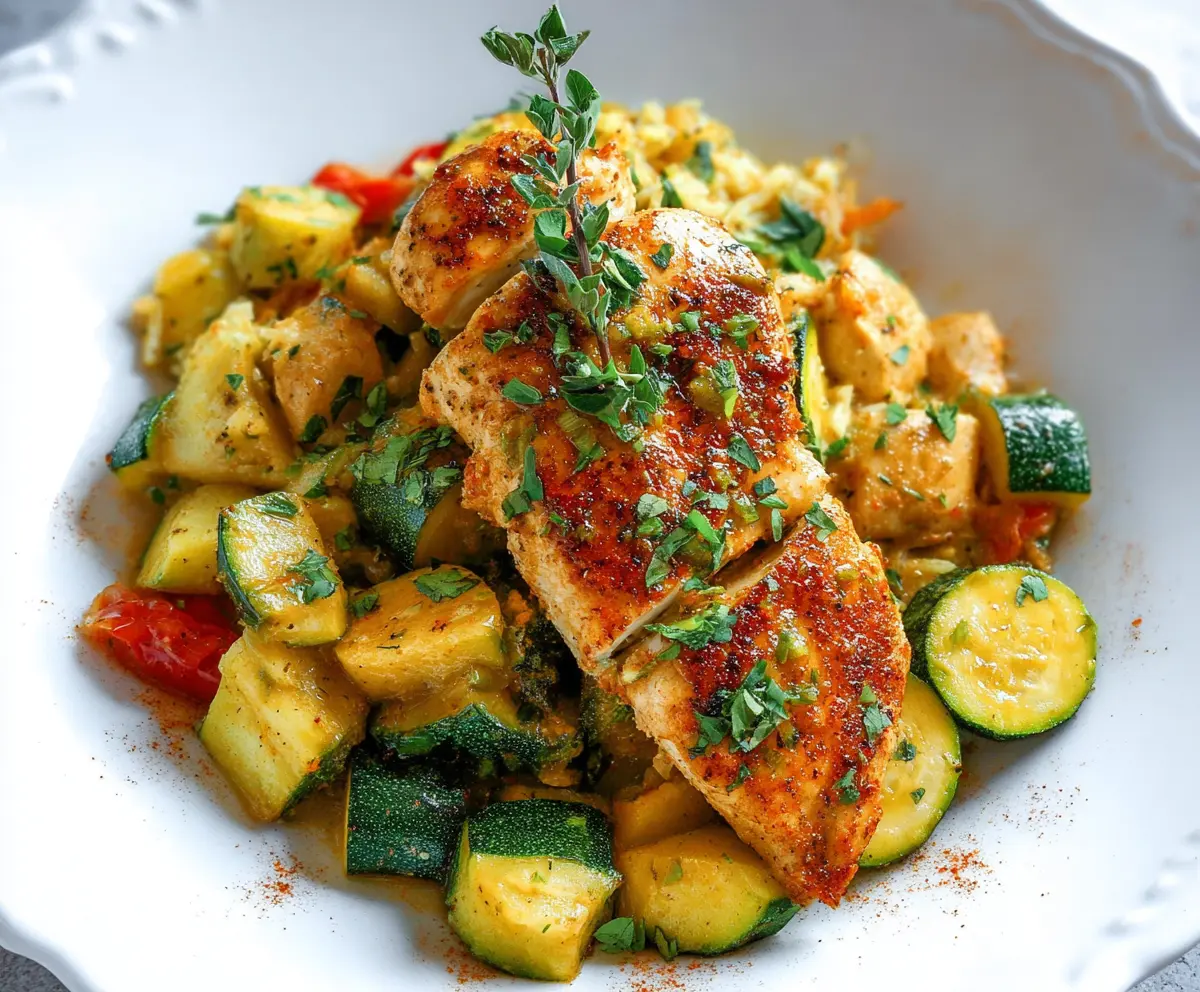 Delicious grilled chicken breast served with fresh zucchini and squash for a healthy meal.