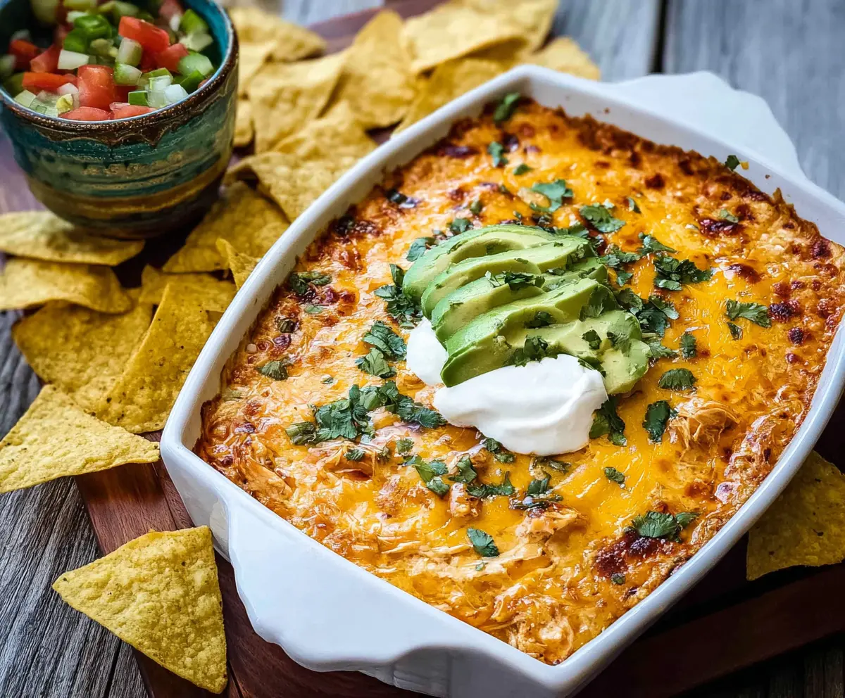 Creamy chicken enchilada dip served with tortilla chips, perfect for parties and gatherings.