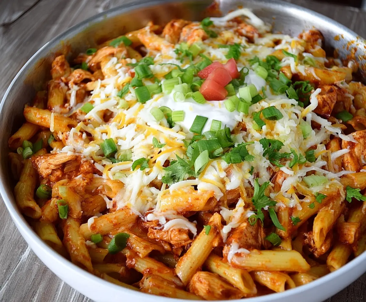 Creamy chicken enchilada pasta dish with melted cheese and spicy sauce, perfect for a hearty dinner.