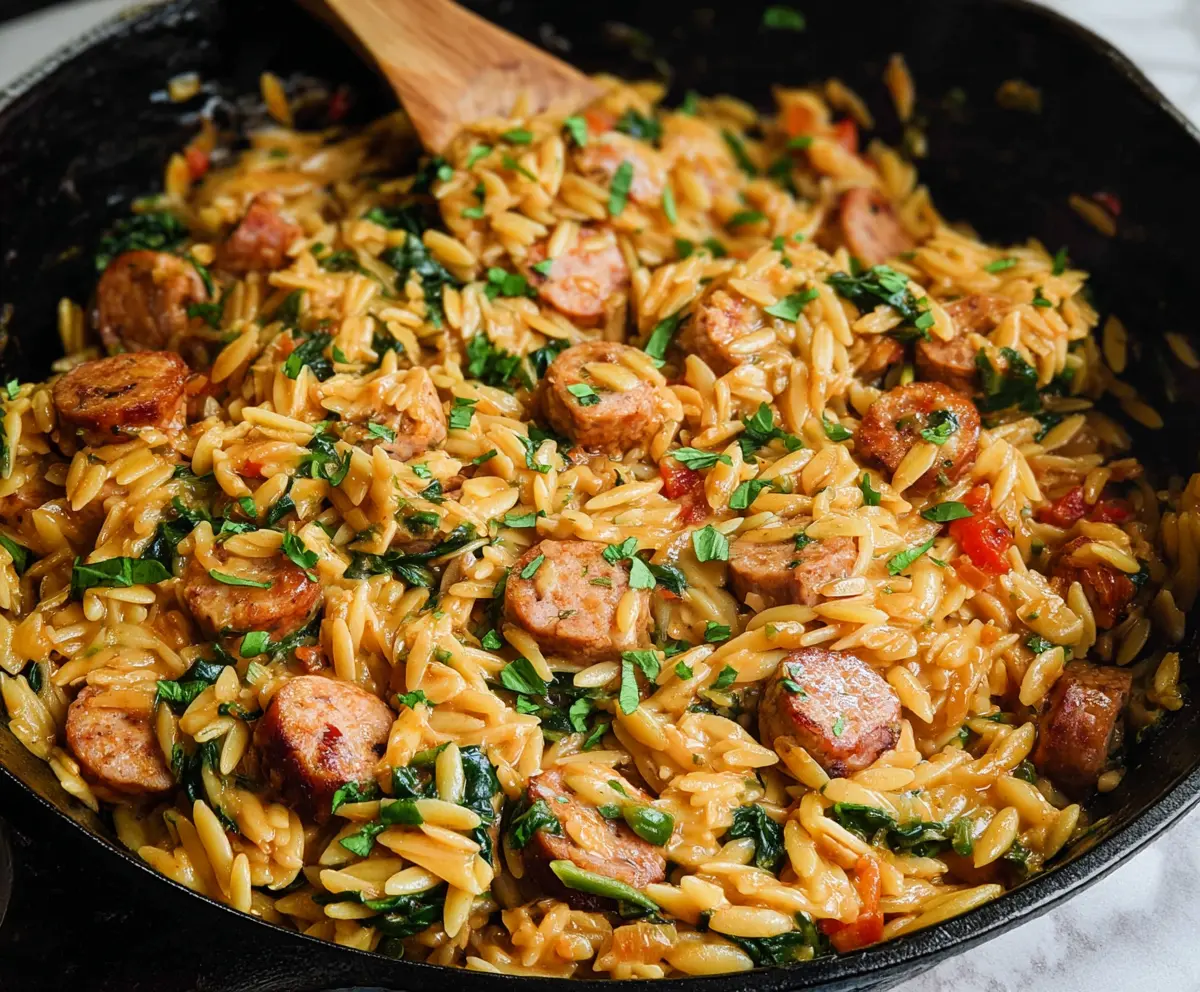 Delicious Chicken Sausage Orzo Skillet with fresh herbs and vegetables.