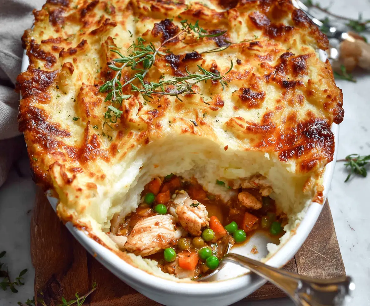 Delicious Chicken Shepherd's Pie with mashed potato topping and roasted chicken pieces