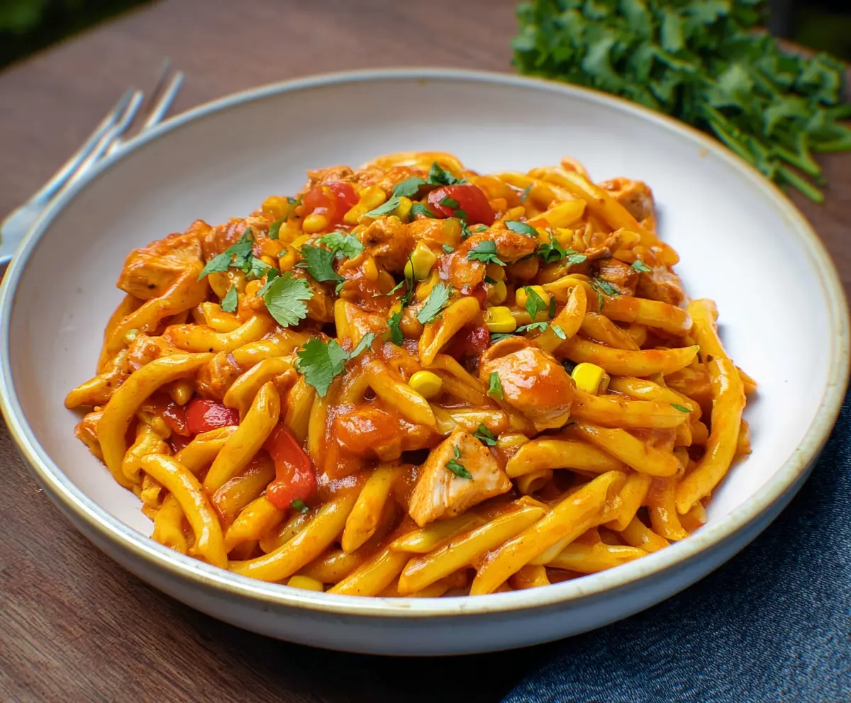 Delicious Chicken Tex Mex Pasta with colorful vegetables and melted cheese on a plate.