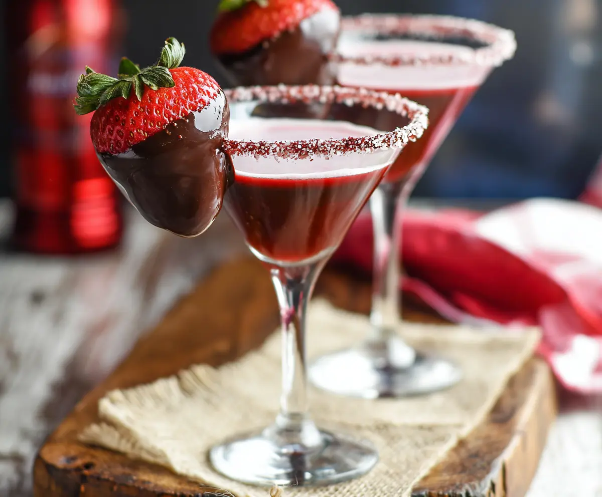 Delicious chocolate-covered strawberry martini with fresh strawberries and rich chocolate coating.
