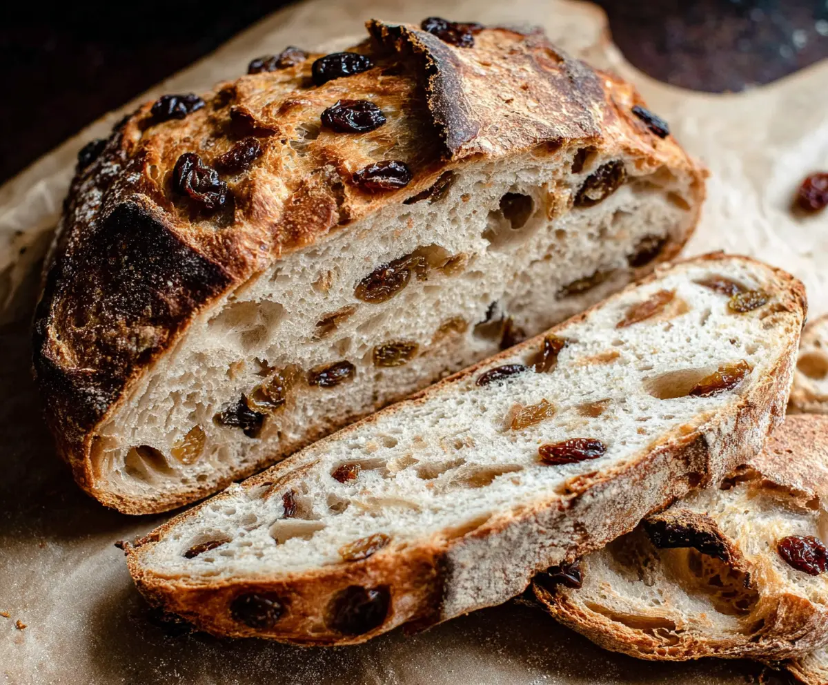 Delicious homemade cinnamon raisin sourdough bread loaf on a wooden cutting board.