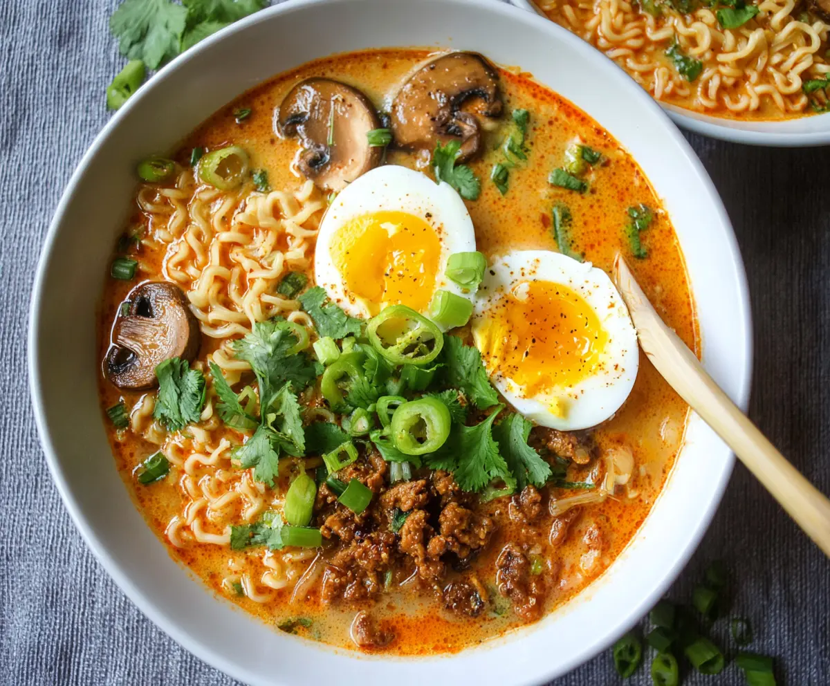 Delicious Coconut Curry Ramen bowl with vibrant vegetables and creamy broth