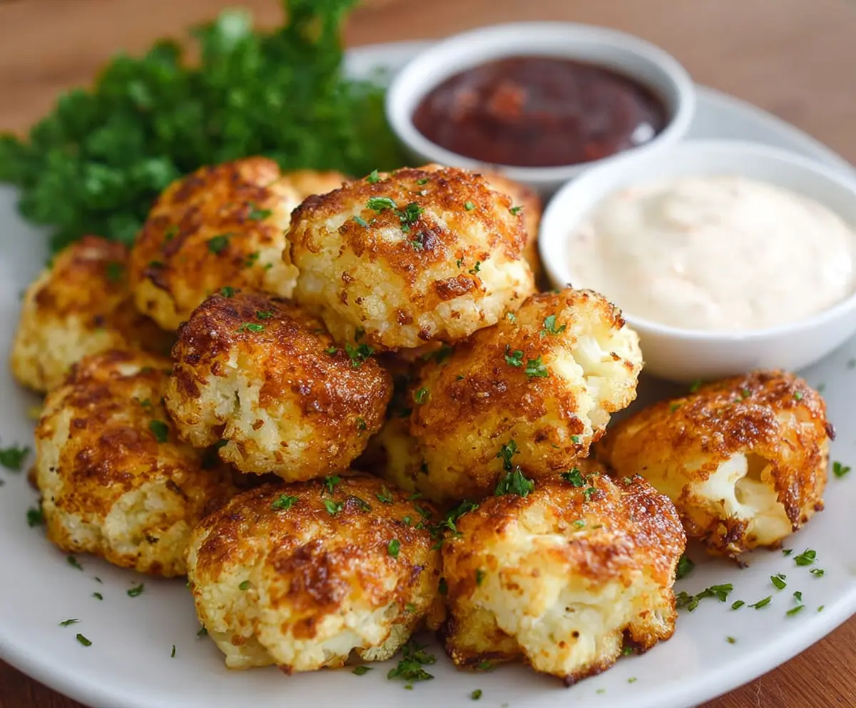 Delicious Cottage Cheese Cauliflower Tots on a plate, ready to serve as a healthy snack or meal.