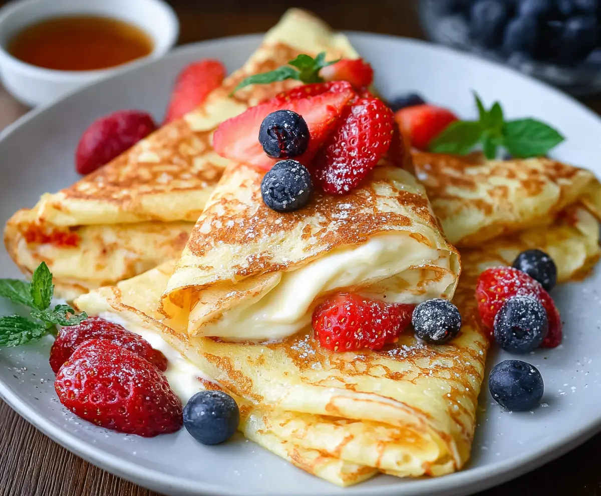 Delicious cottage cheese crepes served with fresh berries and honey, perfect for breakfast or brunch.