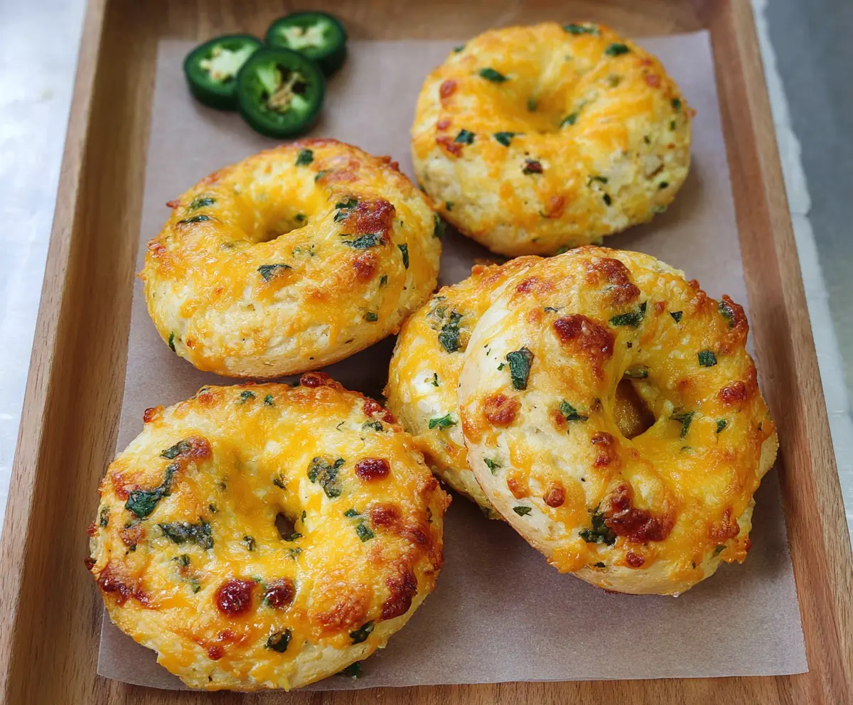 Delicious cottage cheese jalapeño cheddar bagels fresh out of the oven, showcasing a golden crust and spicy jalapeño bits.