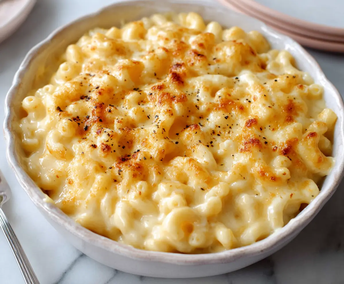 Creamy cottage cheese mac and cheese served in a bowl, topped with fresh herbs