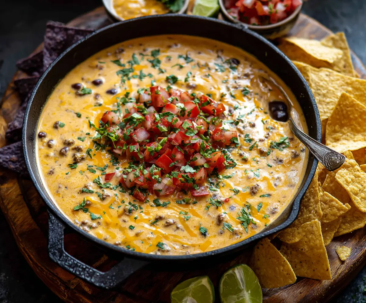 Creamy Cowboy Queso dip served with tortilla chips, perfect for parties and gatherings.