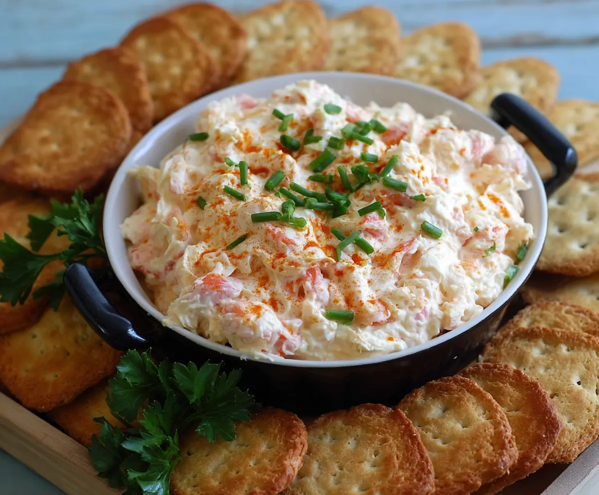 Cream Cheese Shrimp Dip served with fresh vegetables and chips, perfect for parties and gatherings.