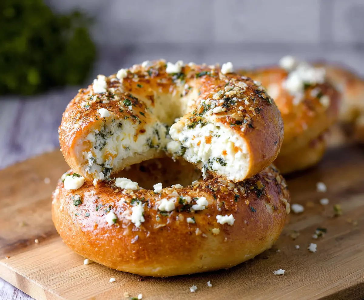 Delicious cream cheese stuffed garlic bagels with a golden crust on a wooden board.