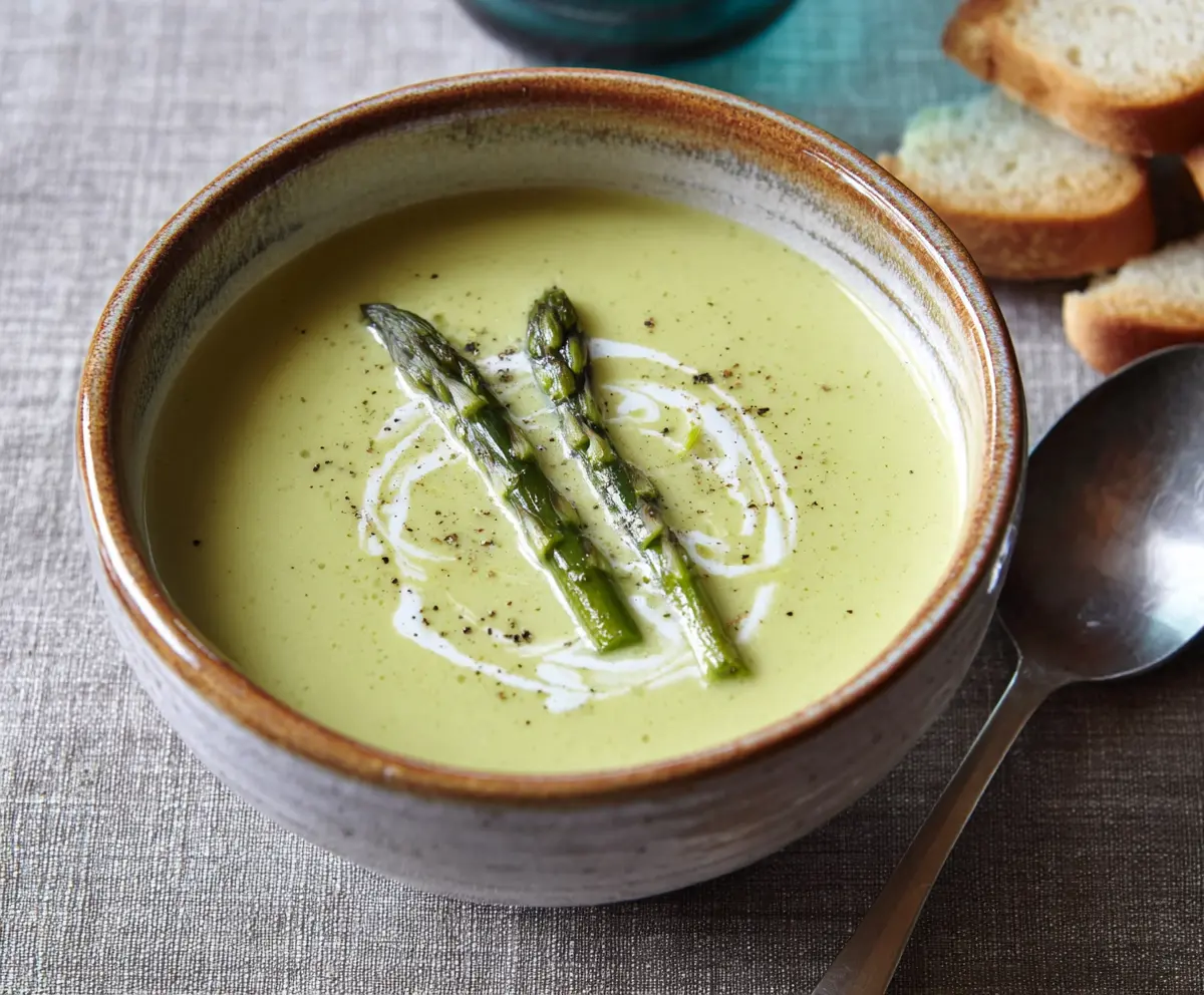 Cream of Asparagus Soup served in a white bowl with fresh asparagus on the side