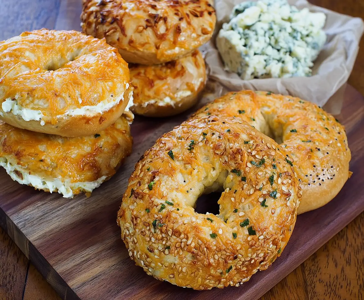 Delicious creamy cheddar bagels with a golden crust and melted cheese topping.