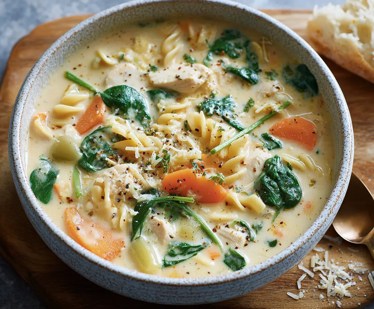 Creamy chicken pasta soup with fresh carrots and spinach in a bowl